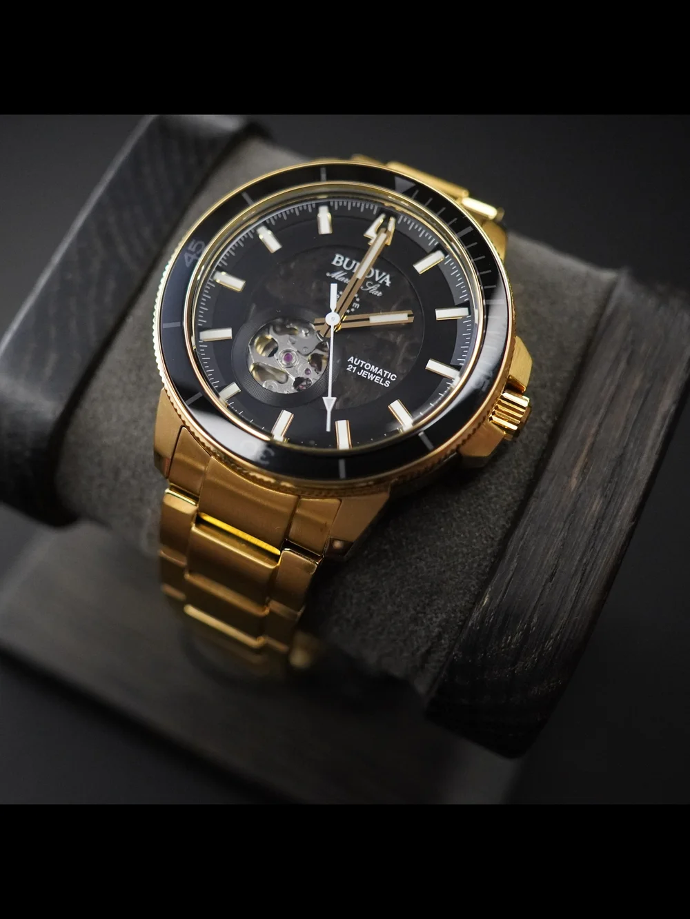 Bulova Marine Star Automatic Black Dial 200M Gold Tone Men's Watch 97A174